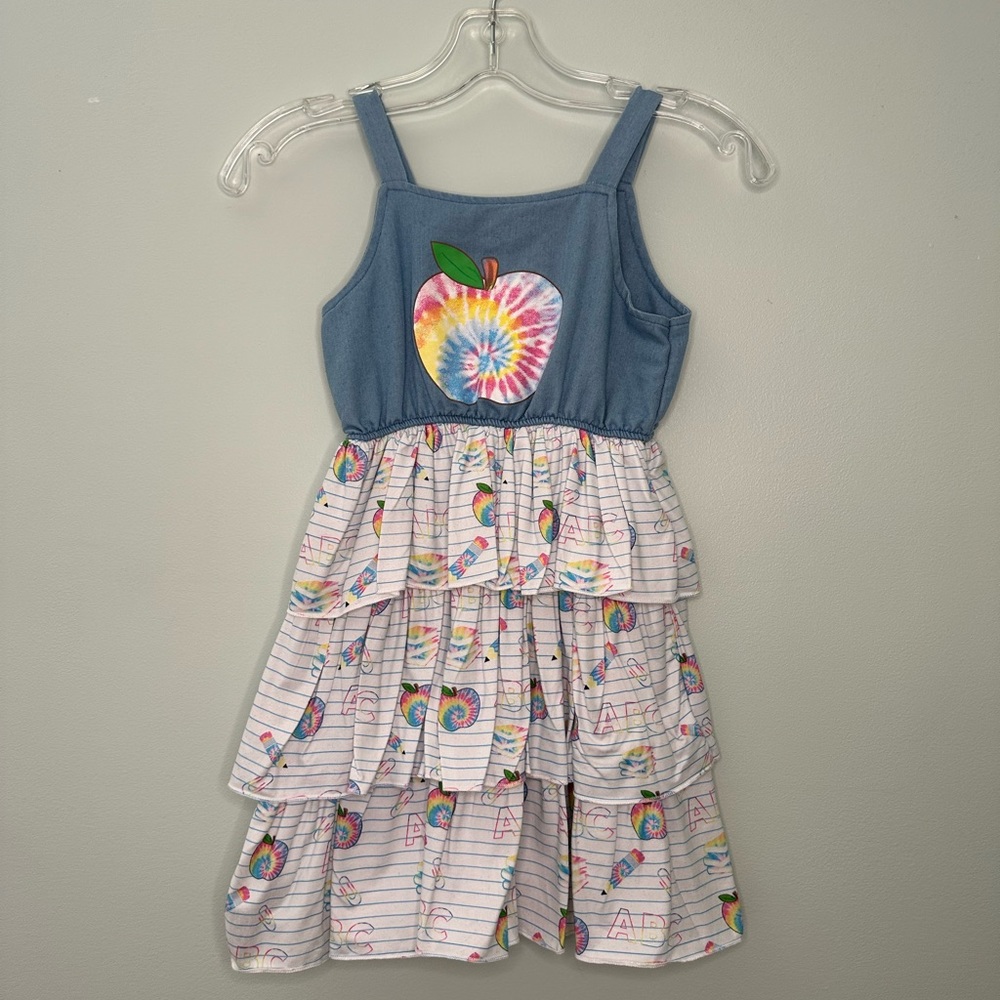 Girls Denim/Cotten Dress Girls w/apple | back to school dress | Sparkle in Pink